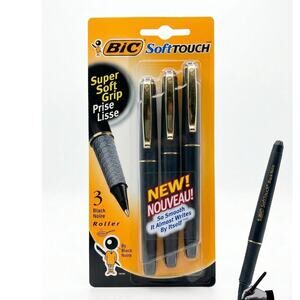 VTG BIC SoftTouch Roller Ball Pens Black Ink Super Soft Grip 3-Pack Sealed NOS